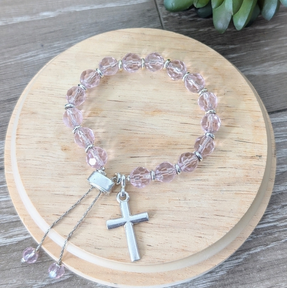 Pink Crystal Stretch Rosary Cross Bracelet